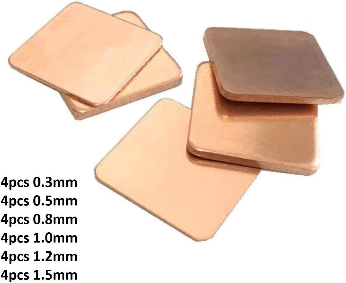 Easycargo 24pcs 6 Sizes Heatsink Copper Shim Thermal Pad 0.3mm 0.5mm 0.8mm 1mm 1.2mm 1.5mm+ Pre-applied Thermal Conductive Adhesive Tape, Cooler Heat Sink for Cooling NVMe M.2 GPU CPU VGA RAM(15x15mm)