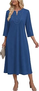 Zeagoo 3/4 Sleeve Dress for Women Midi Dresses V Neck Lace Casual Sundress | 95%Polyester+5%Spandex, 3/4 Sleeve A Line Dress, with Delicate Lace Front for a Feminine Look, for Spring Fall
