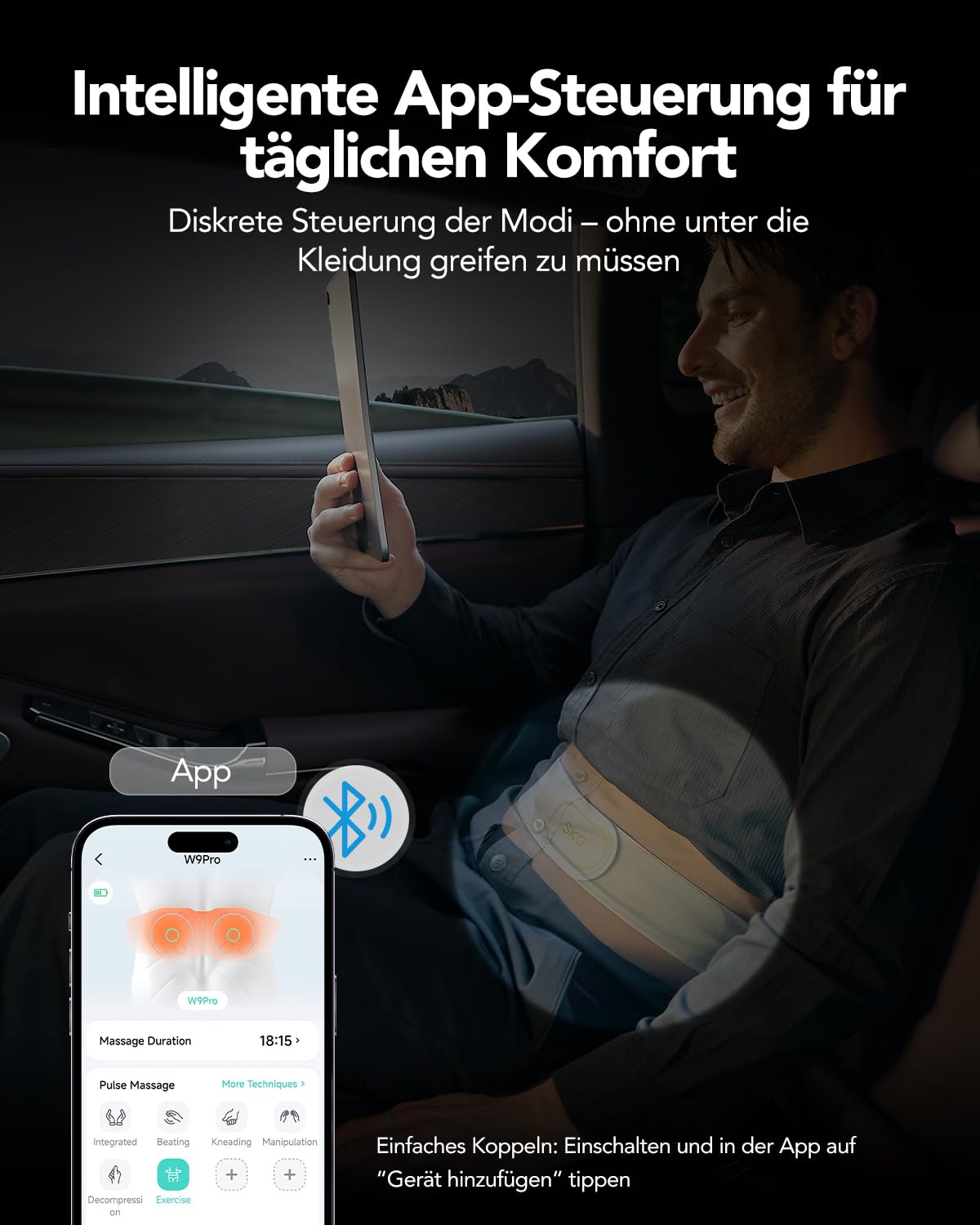 SKG® Das Original kabelloser Massagegürtel mit Wärme für den unteren Rücken – tragbar & verstellbar, Puls- und Vibrationsmassage zur aktiven Muskelentspannung, Geschenk für Mama Damen Herren, W9 Pro