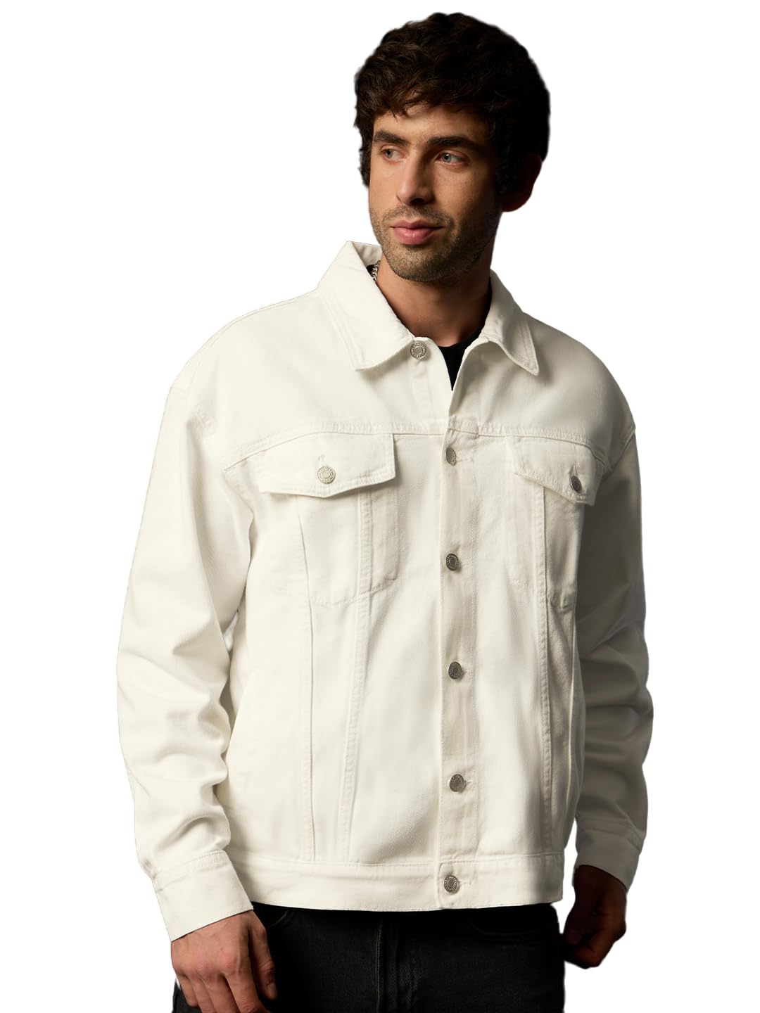 Denim Jacket: Ivory Men and Boys Full Sleeves Spread Collar Solid Cotton Oversized Fit Casual Lightweight Drop Shoulder Streetwear Everyday Denim Jacket-image-40