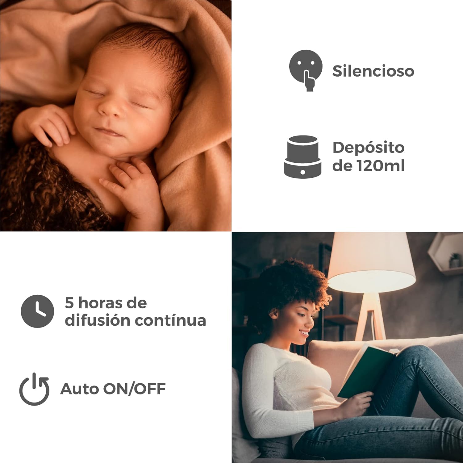 Umidificatore e diffusore di aromi ambra LED, aromaterapia a ultrasuoni, per camera da letto e ufficio, silenzioso, luce ambientale, compatibile con oli essenziali, USB (quadrato)