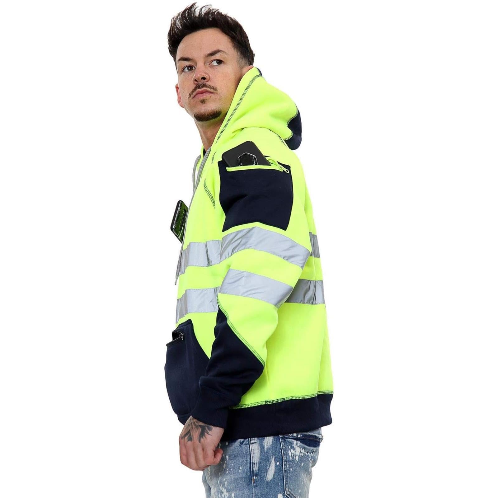 Homme Veste Haute Visibilité, Sweat Homme Capuche Zippé, Patch de Contraste Pull Over Sweat Polaire Homme Veste de Travail Homme Chantier