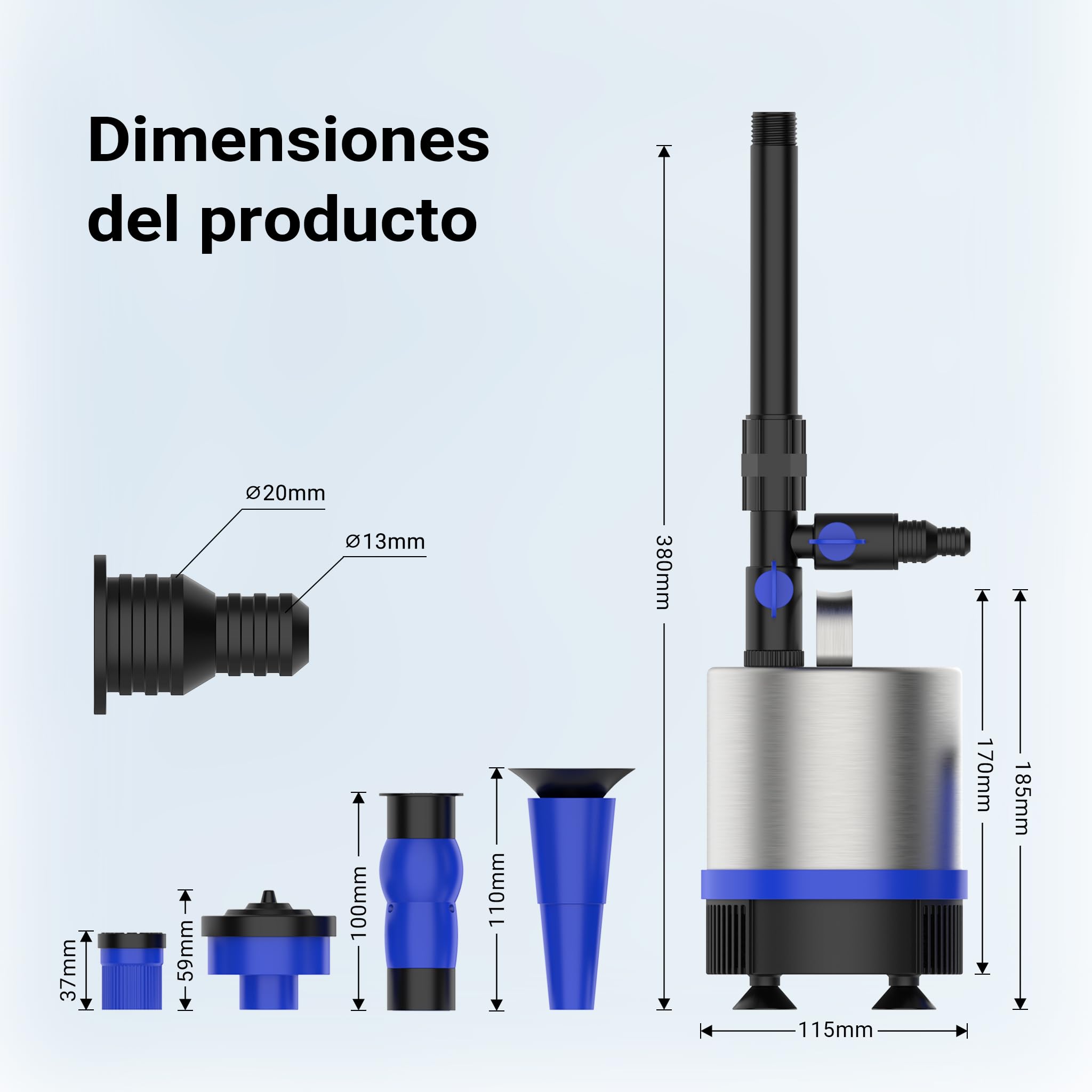Bomba para fuentes de acero inoxidable con 50W y 1750l/h incluye 3 boquillas para chorros diferentes