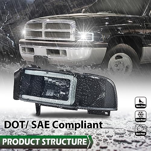 Image of GRAND ORANGE LED Light Strip Headlight Assembly Lamps w /o Bulbs Compatible with Dodge Ram 1500 1994-2001 /Dodge Ram 2500 3500 1994-2002 CH2503101,Smoke Lens Black Housing Clear Reflector Headlamps