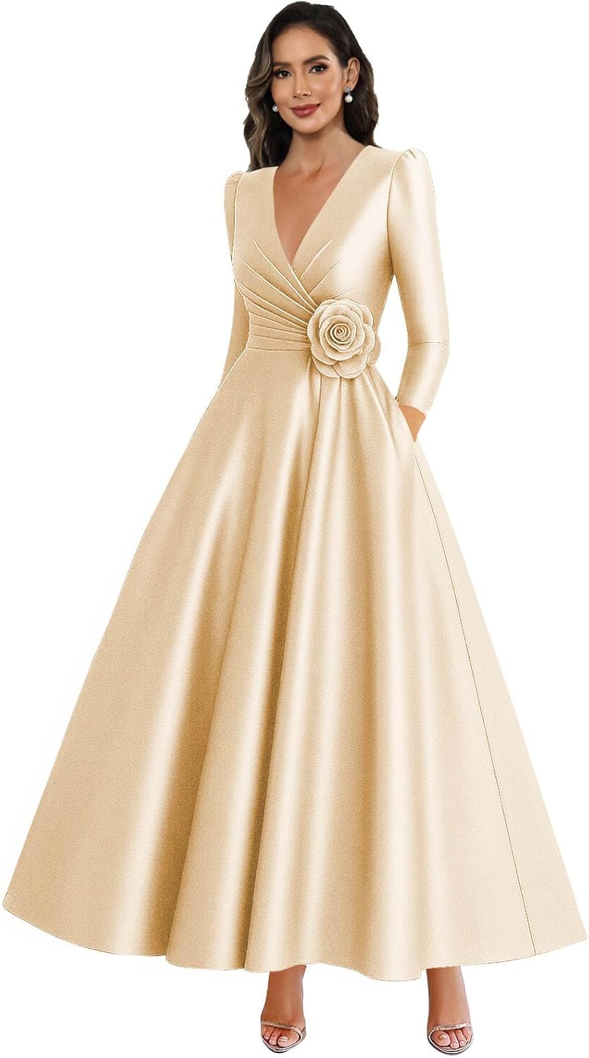 Long Satin Mother of The Bride Dresses for Women A Line Long Sleeve Formal Dress with Pockets - Image 4