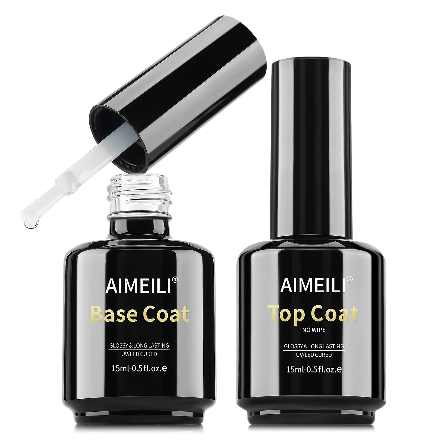AIMEILI Gel Nail Polish Hema Free No Wipe Top and Base Coat Set 2 x 15ml, Cruelty Free, Vegan, High Gloss Shine Finish and Long Lasting