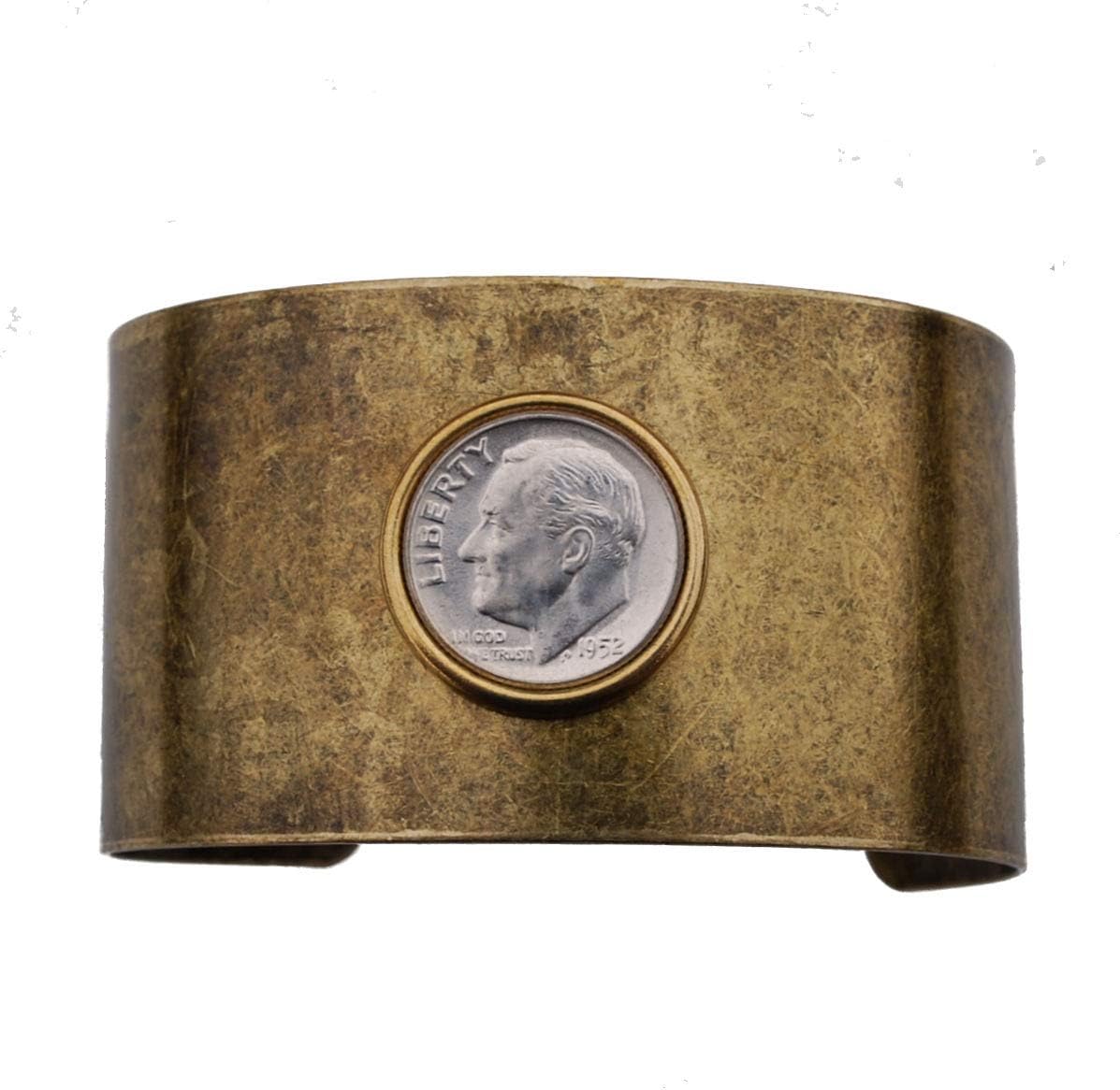 US 1952 Roosevelt Dime 90% Silver BU Uncirculated Coin Solid Brass Antique Finish Cuff Bracelet