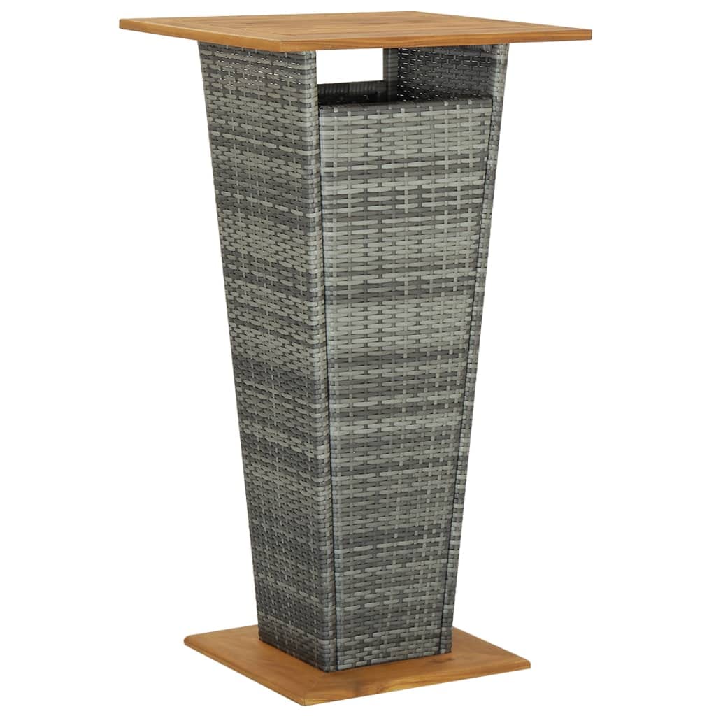 Juego de 5 barras de jardín de ratán gris, mesa de bar de 60 x 60 x 110 cm con tablero de madera de acacia y 4 taburetes de bar, 38 x 38 x 76 cm, incluye cojines para balcón, terraza y jardín
