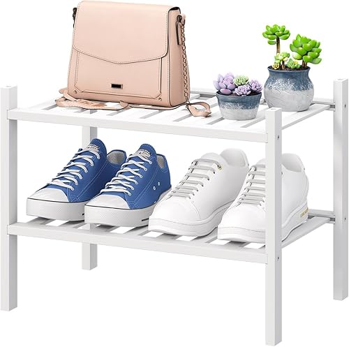 Miniatura 19 de Zapatero blanco, zapatero de madera de bambú de 3 niveles para armario, entrada y pasillo, y organizador de almacenamiento apilable para interiores