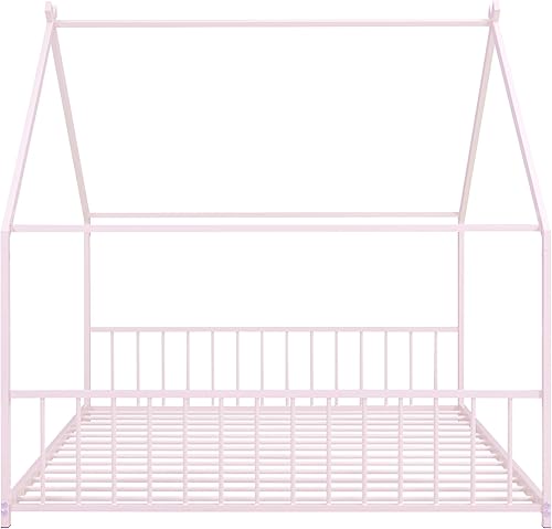 Miniatura 8 de Cama de metal de tamaño completo, marco de cama de piso, no requiere caja de resorte, rosa