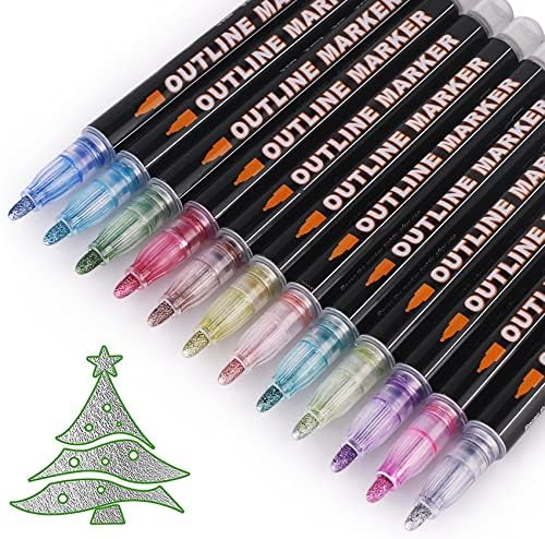 Double Line Metallic Markers,Inoranges Outline Metal Marker Pens,12 Colors Paint Permanent Pen for Writing and Drawing Lines on Paper,Gift Cards,Greeting Cards,Rock Painting,Metal,Wood,Ceramic,Glass