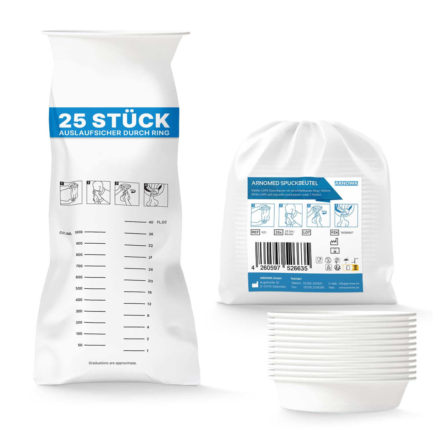 25x ARNOMED® Spuckbeutel mit Ring, LDPE Kotztüten mit Ring für Erwachsene & Kinder, Spucktüten Auslaufsicher, Brechbeutel, Kotzbeutel für Reisen, Brechtüten, Auffangbeutel für Erbrechen