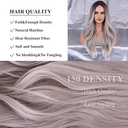 Miniatura 3 de AneShe Peluca sintética larga ondulada de 26 pulgadas con raíces oscuras, parte media, resistente al calor, para mujeres, cosplay, uso diario, fiesta