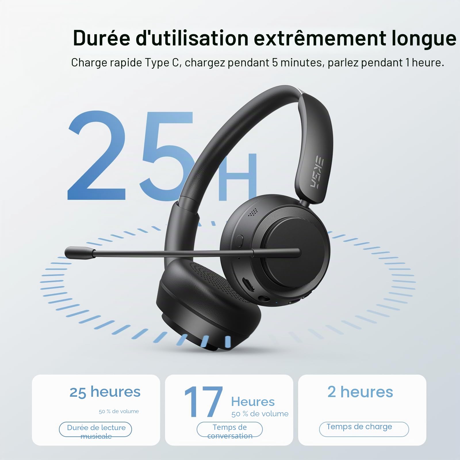 EKSA H35 Casque Bluetooth, Casque sans Fil avec Microphone, [25 Hrs D'autonomie&169g Ultra-Léger], Casque avec Réduction du Bruit par AI, Wireless Casque PC adapté Télétravail/Centre D'appels/Bureau