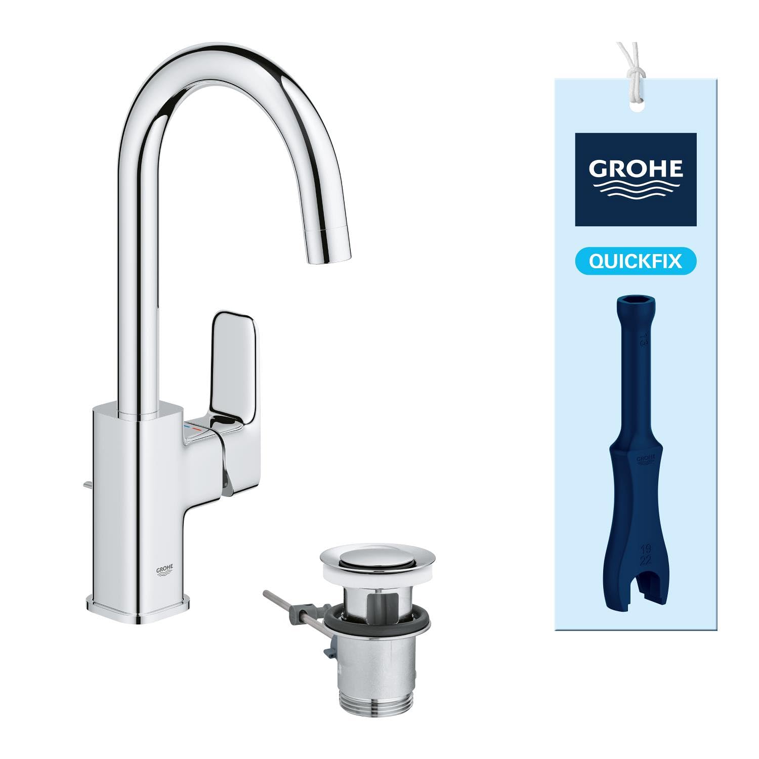 GROHE Dice - Basin Mixer Tap with Pop-Up Waste Set (L-Size, Swiveling C-Spout 90°, 28 mm Ceramic Cartridge, Energy Efficient & Water Saving, Tails 3/8 Inch, QuickTool Included), Chrome, 1018710000