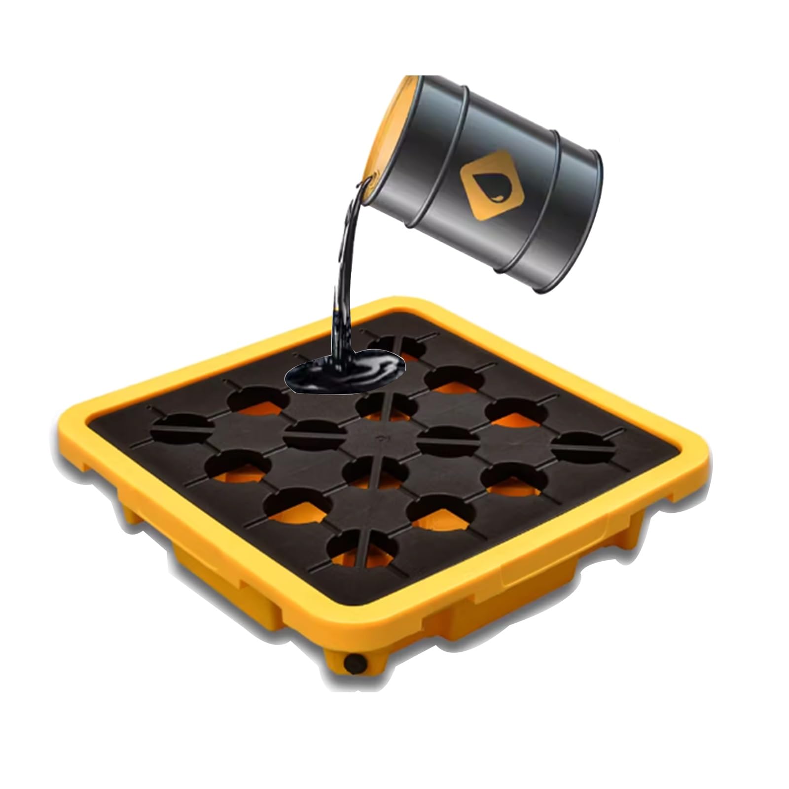QUSYZD Industrial Drum Containment Spill Pallet, Nestable Leak-Proof Oil Drum Tray, Anti-Skid Polyethylene Garage Storage Platform with Drain – Perfect for Safe Liq,Yellow-67x67x15cm