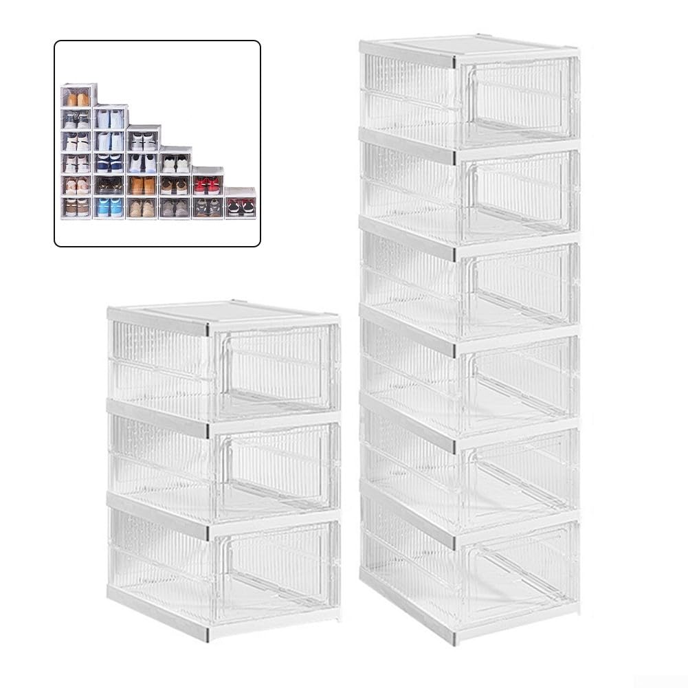 Stapelbarer Schuh-Organizer mit transparenter Kunststoffbox, 3-lagiges und 6-lagiges faltbares Design für Schuhe der Größe 47, platzsparende Organisation für Zuhause (B)