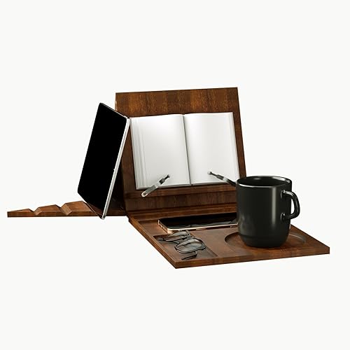 Soporte triangular de bambú para libros, soporte para libros, soporte plegable para libros con taza, gafas, soporte para teléfono y clips de página