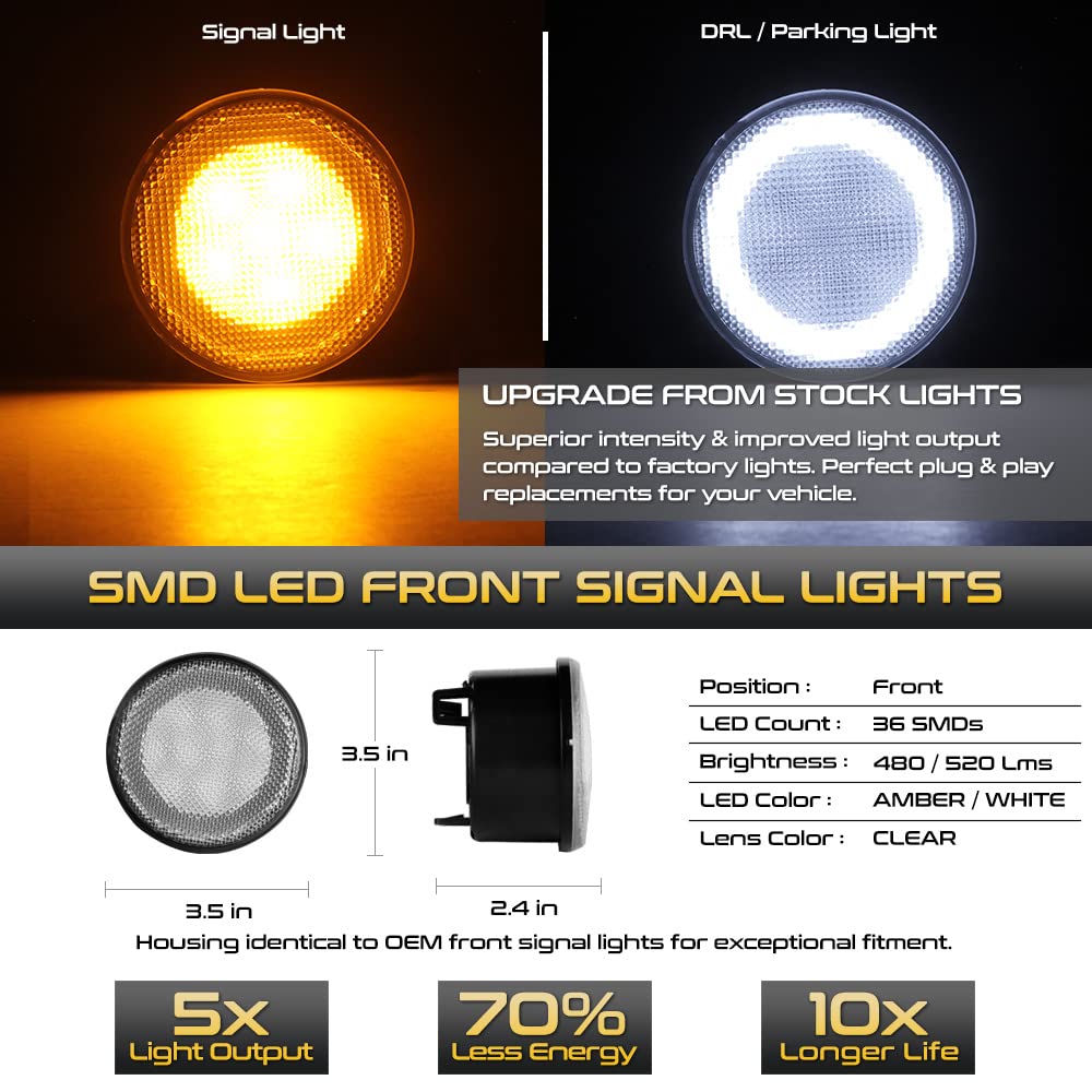 VIPMOTOZ Switchback LED DRL Ring Turn Signal Lamps Compatible With 2007-2017 Jeep Wrangler JK Amber+White Clear Lens Left Driver Right Passenger Side Pair Set