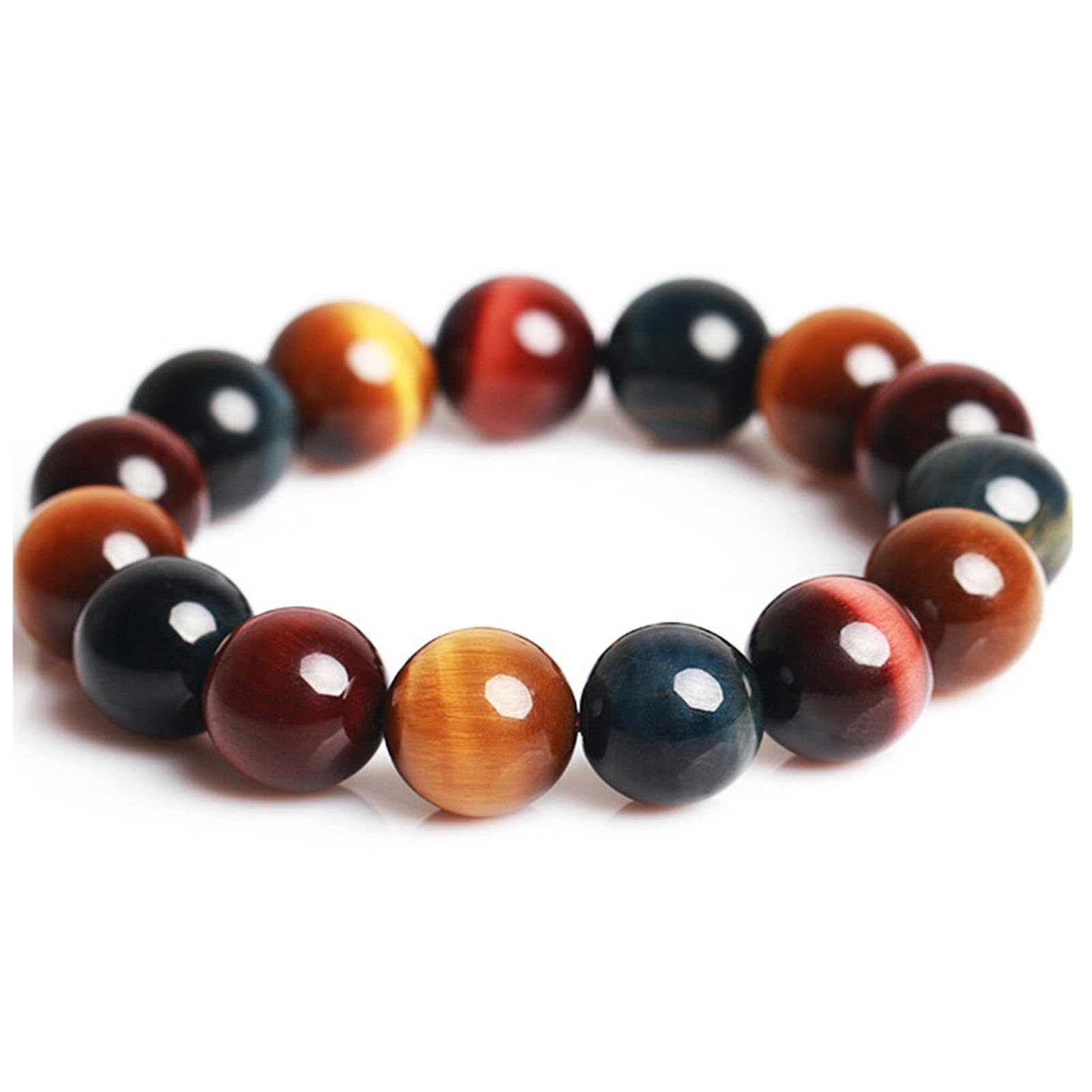 Bracciale Trio Occhio di Tigre - Perline di Cristallo Naturali Gialle, Rosse e Blu per Sicurezza, vitalità e Calma, Gioielli Elasticizzati con Pietre preziose per Uomo e Donna,6MM