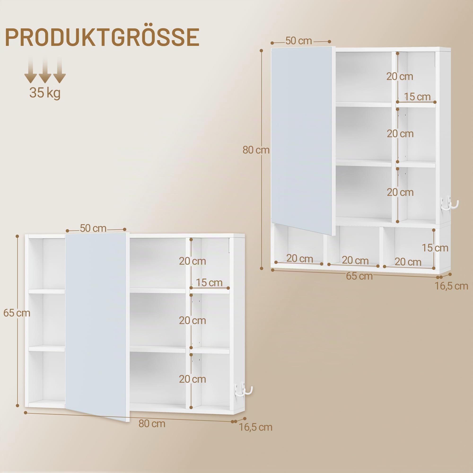 Hzuaneri Spiegelschrank, Badezimmer Spiegelschrank, Wandschrank | Hängeschrank mit Spiegeltüren und offenem Fach, Verstellbare Ablage, Flexibel Montierbar 16,5 x 80 x 65 cm, Weiß, MC23303X