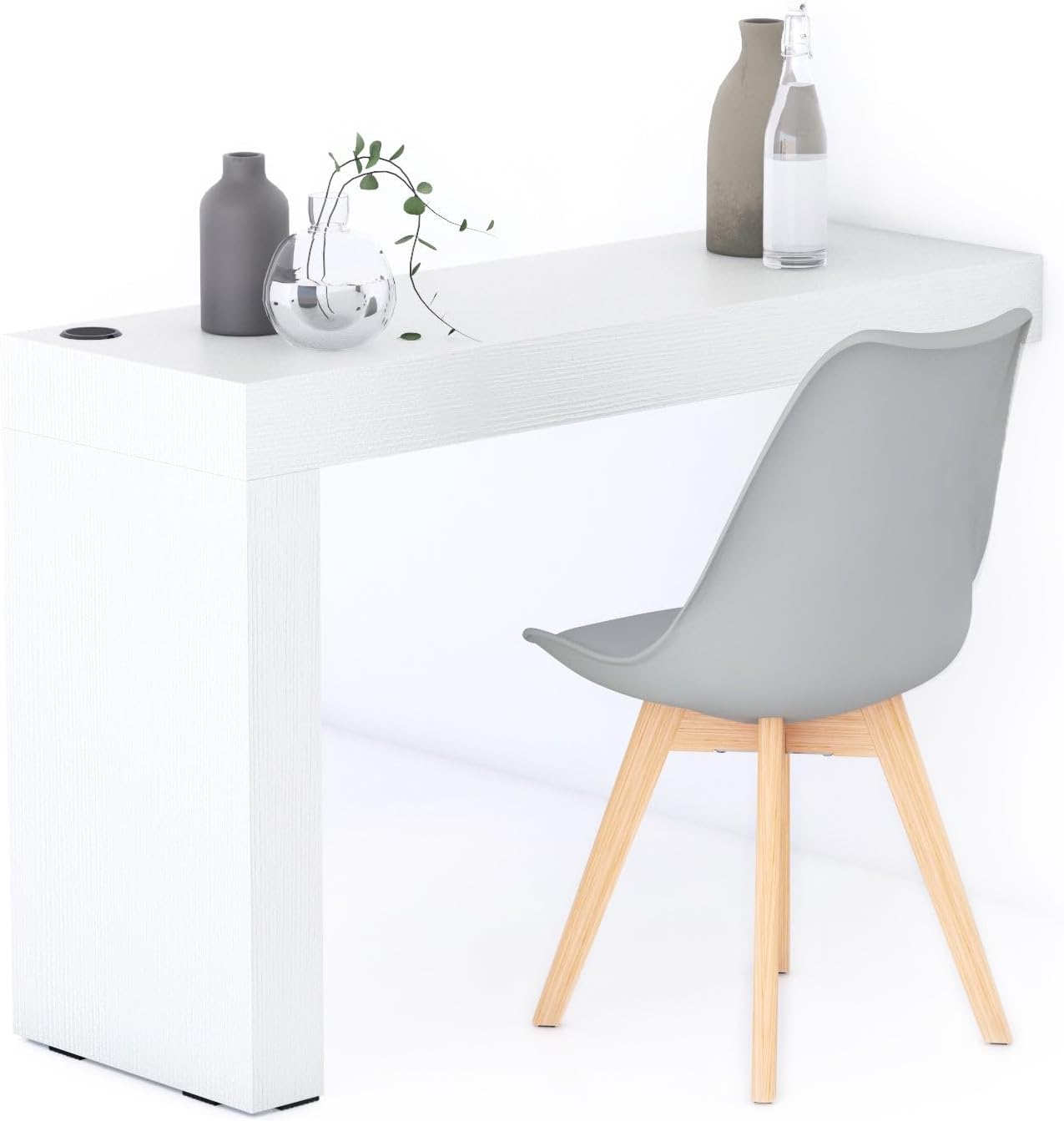 Mobili Fiver, Evolution Dining Table 47.2 x 15.7 in, with Wireless Charger, Ashwood White with One Leg, Made in Italy