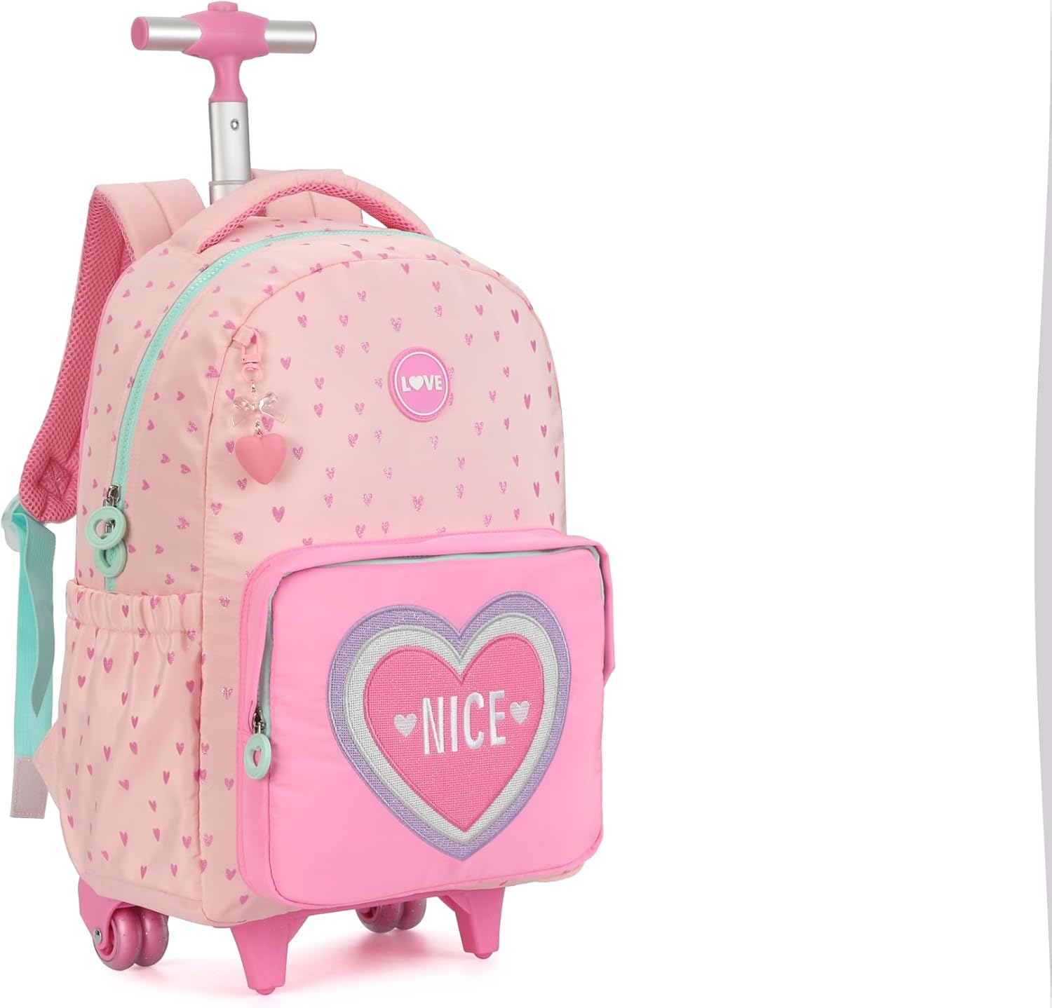 Wheels Rolling Kids Backpack for Elementary Luggage School Trolley Bag with Lunch Box 3pc Set (HEART PINK) - Image 3