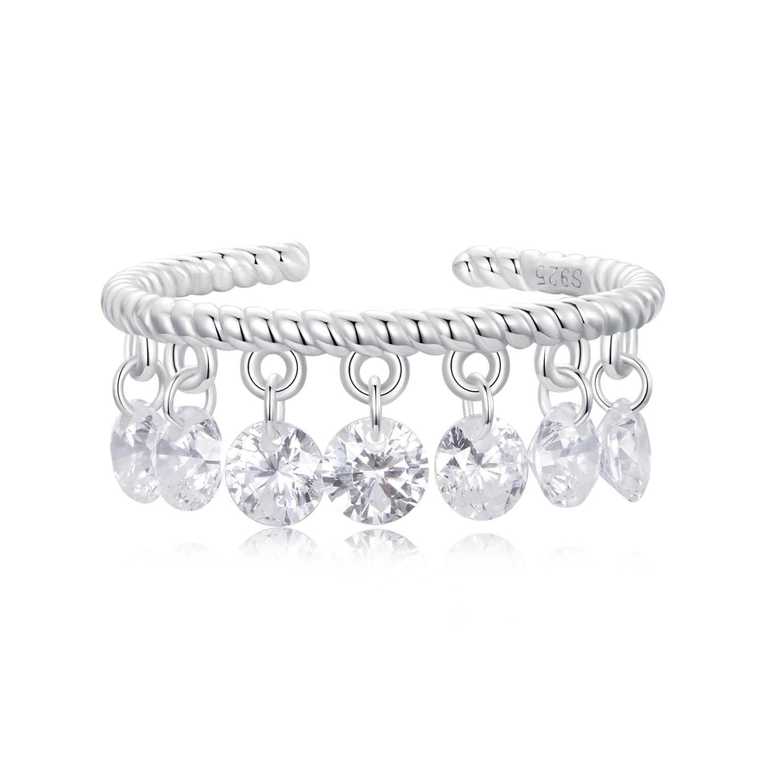 Runde CZ-Quasten baumelnd, offen, verstellbar, Statement-Ringe für Damen und Mädchen, Sterling-Silber plattierter Kristall