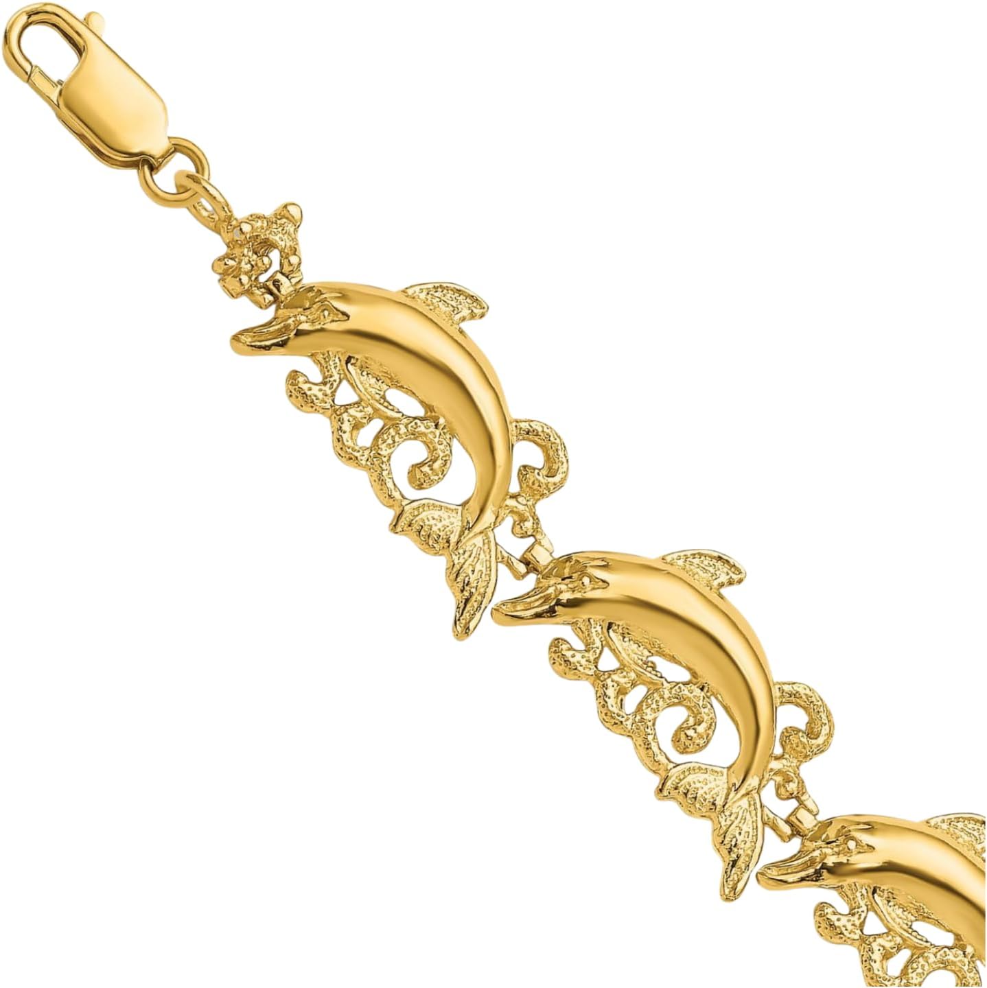 IceCarats 14K Solid Yellow Gold Filigree 11.35mm Chunky Link Chain Dolphin Charm Bracelet 7.5 inch Polished, Matte For Her