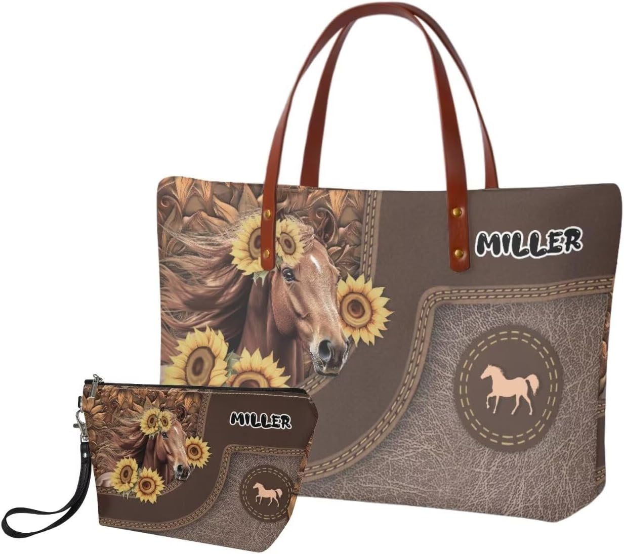 Customized Purse and Wallet Set for Women Lady, Large Personalized Tote Bag with Leather Cosmetic Bag, Gift for Women