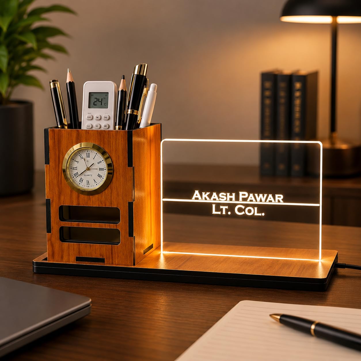 Zesta Wooden Desk Organizer Pen Stand Remote Holder Card Slot | Table Accessory Office Desk Study Room | Pencil Storage Stand Stylish Workspace Décor (Nainteek, Custom Organiser)-image-17
