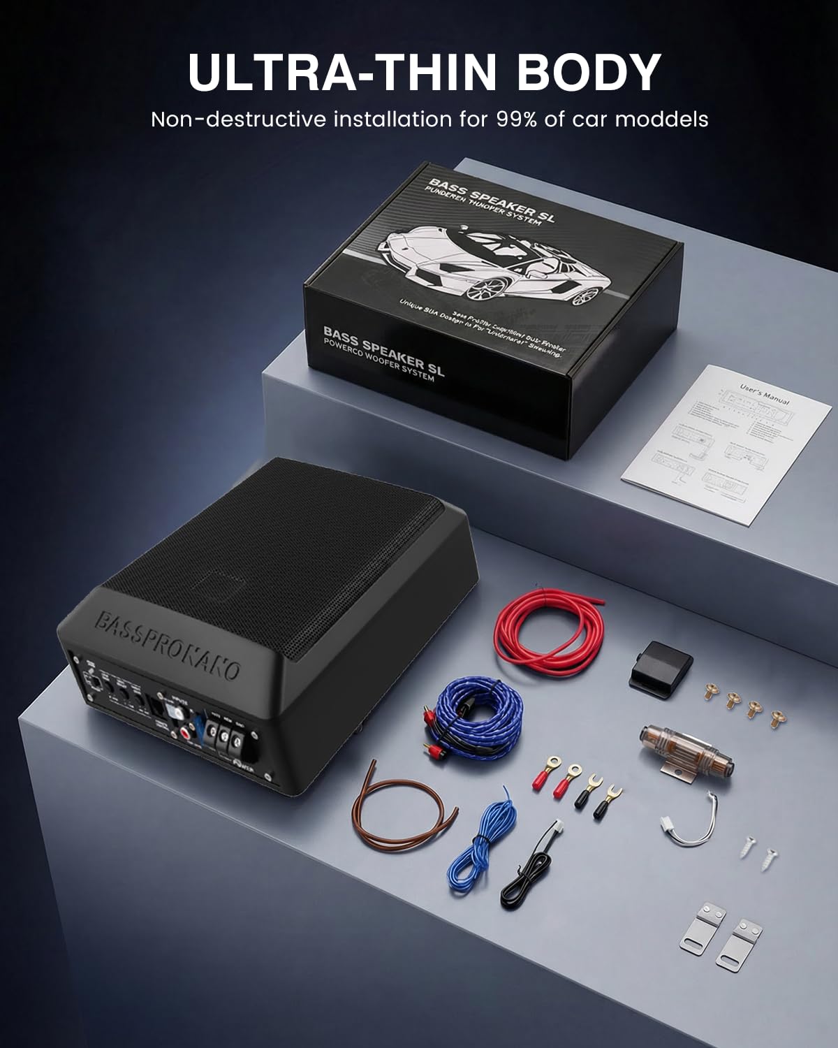 Ultraflacher Auto-Subwoofer, Adecuado para sedanes/Camiones, con Amplificador Integrado, montable bajo los Asientos, Potencia máxima de 600 W, subwoofer Compacto