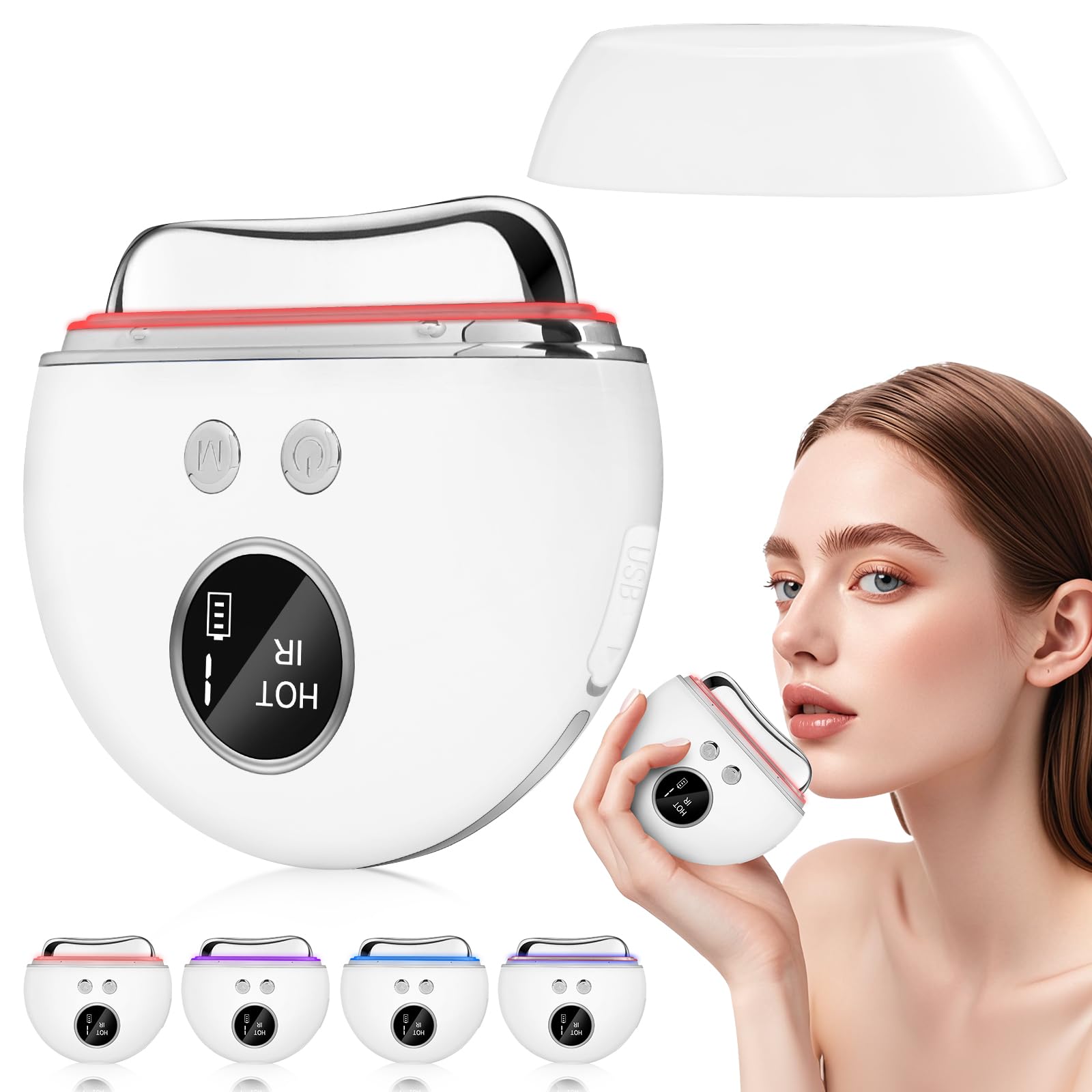 EMS Gua Sha Gesichtsmassagegerät, 4-in-1 Mikrostrom, Wärme & LED Lichttherapie (Rot, Lila, Blau), 9 Intensitätsstufen für Straffere Haut, Anti-Aging Schwellungen Elektrischer Face Lifter