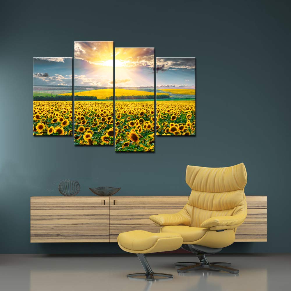 Levvarts 4 Piece Canvas Prints Wall Art Gold Sunflower in Sunrise Pictures  Nature Landscape Paintings Ready to Hang Modern Living Room Bedroom Wall ...