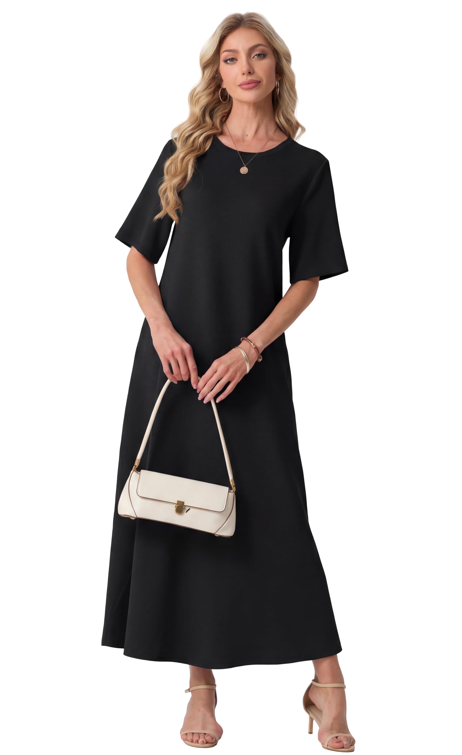 GRECERELLE Damskie letnie sukienki UK sukienka maxi z krótkim rękawem z kieszeniami damskie eleganckie sukienki świąteczne na co dzień dla kobiet oddychająca sukienka przeciwsłoneczna