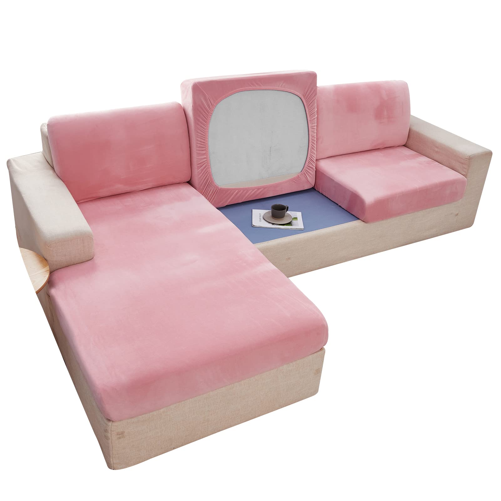 Housses de coussin en velours rose extensible pour grand canapé 2 places