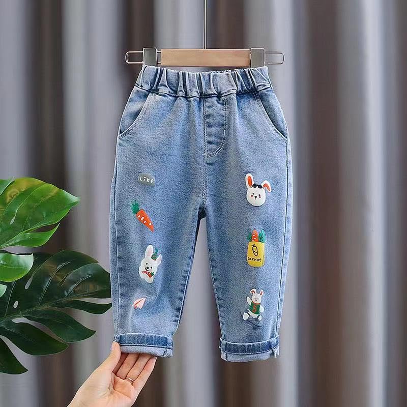 Girls Jeans Cute White Rabbit Printed Waist Elasticated Pockets Fashion Casual Toddler Trousers2