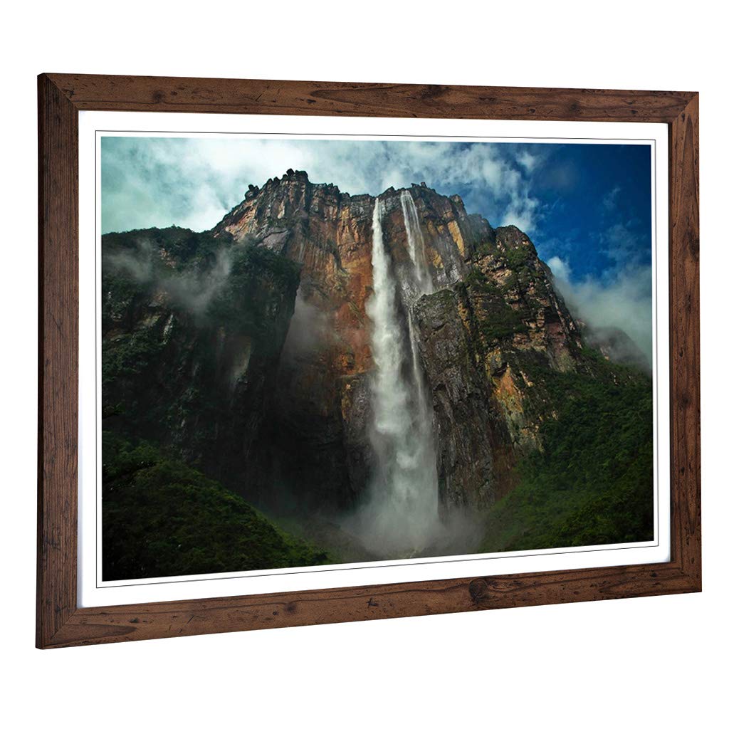 Big Box Art Framed Print of Landscape Angel Falls Waterfall Design | Wall Art Picture | Home Decor for Kitchen, Living Room, Bedroom, Hallway, Walnut, A2 / 24.5x18 Inch / 62x45cm