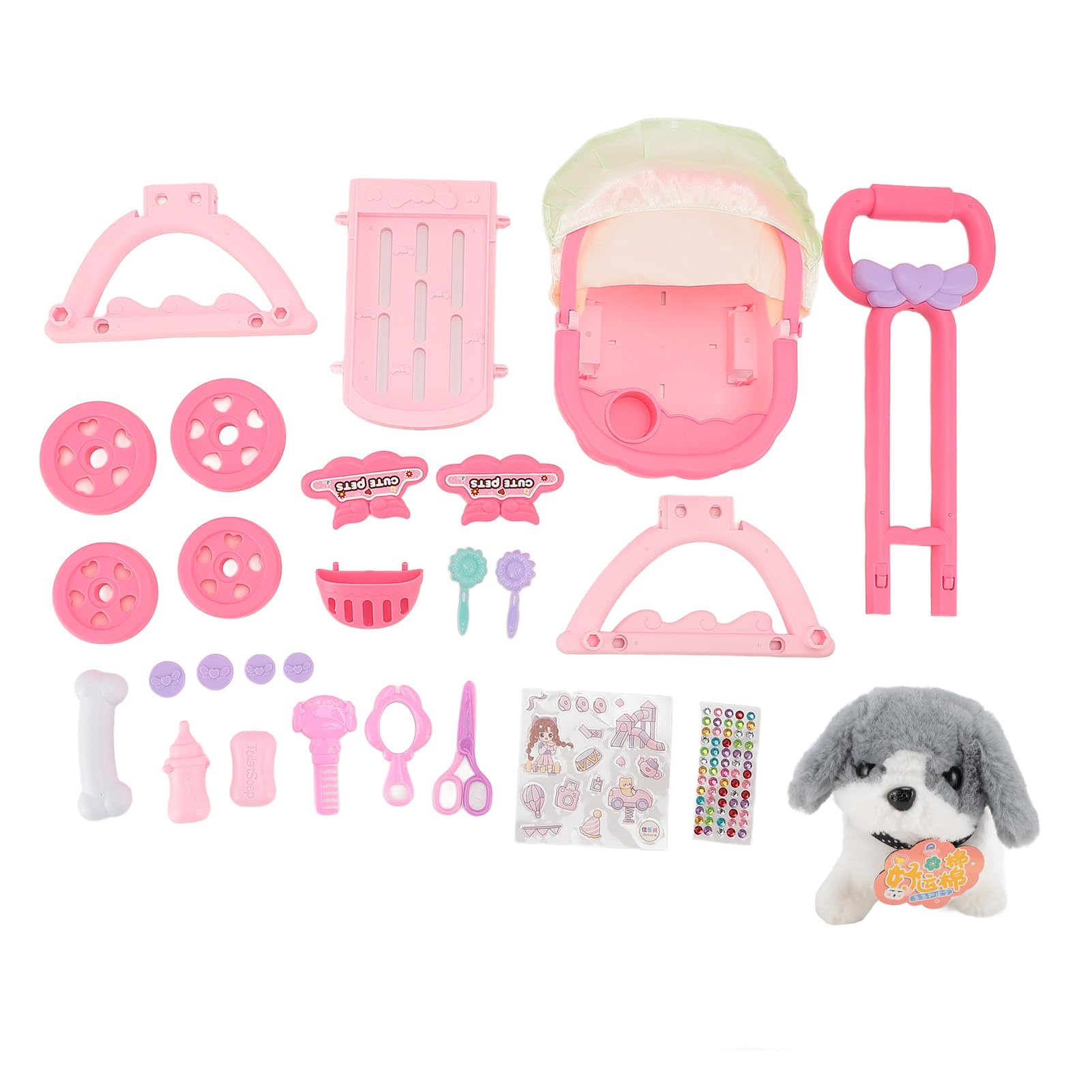 Drfeify Toy Stroller for Kids, Pet Doll Stroller Toy Set Pet Doll Stroller Toy for Boys Girls Children (Husky)