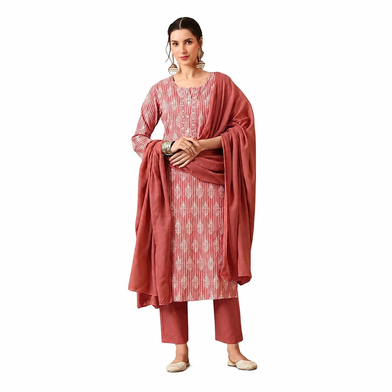 Womens Striped Floral Printed Regular Pure Cotton Kurta with Trousers & Dupatta | Kurta Set | Salwar Suit | Ethnic Wear-image-8