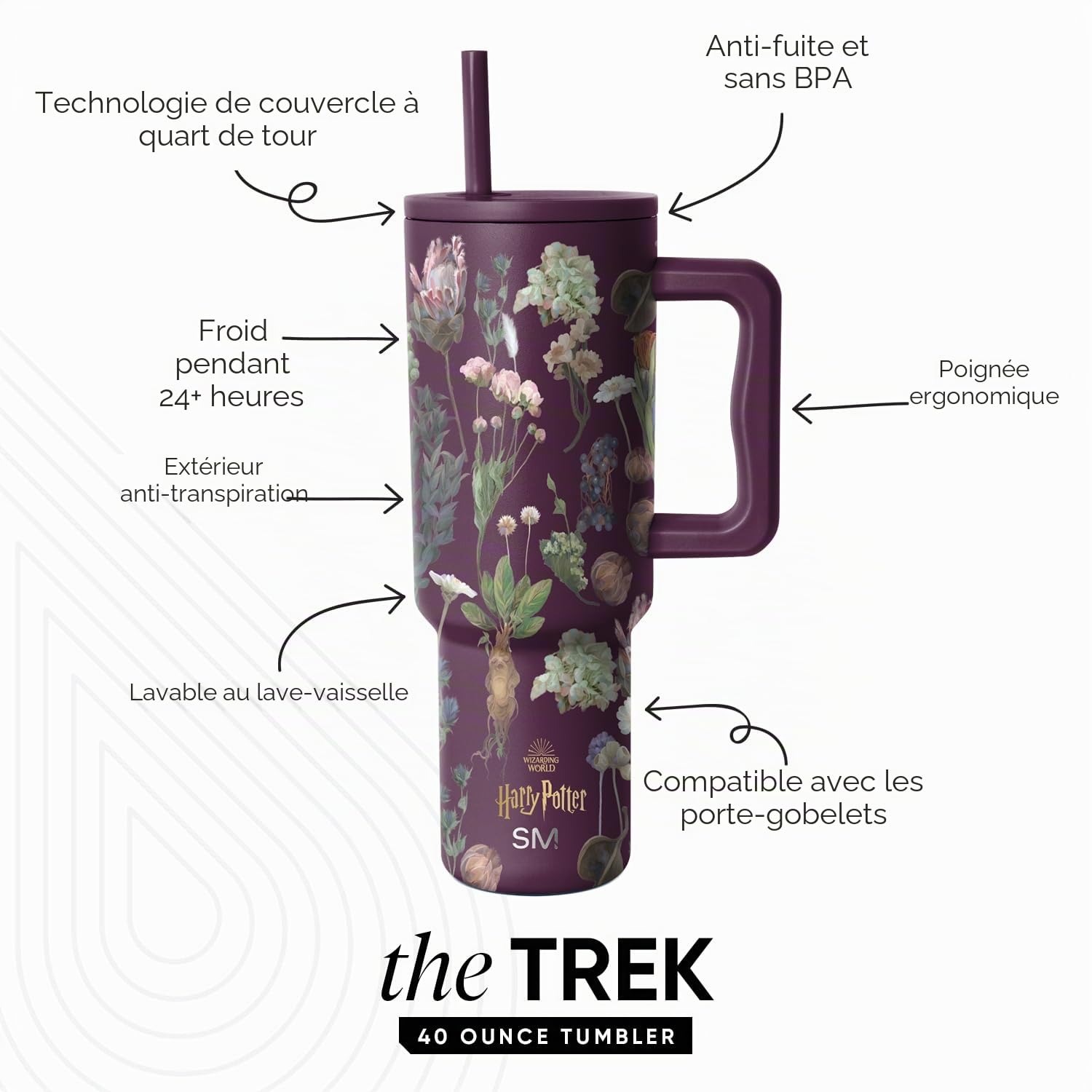 Simple Modern Harry Potter Gobelet avec Anse et Couvercle avec Paille | Gourde Isotherme Réutilisable en Acier Inoxydable | Collection Trek | 1180 ml | Herbology