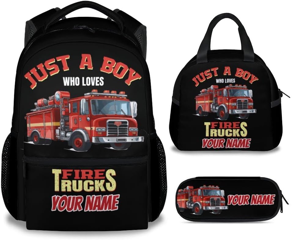 UNIKITTY Custom School Backpack for Boys, Fire Truck Backpack with Adjustable Straps, Kids Bookbag Large Capacity Durable, 17" Black Cute Kids Travel Car Backpacks