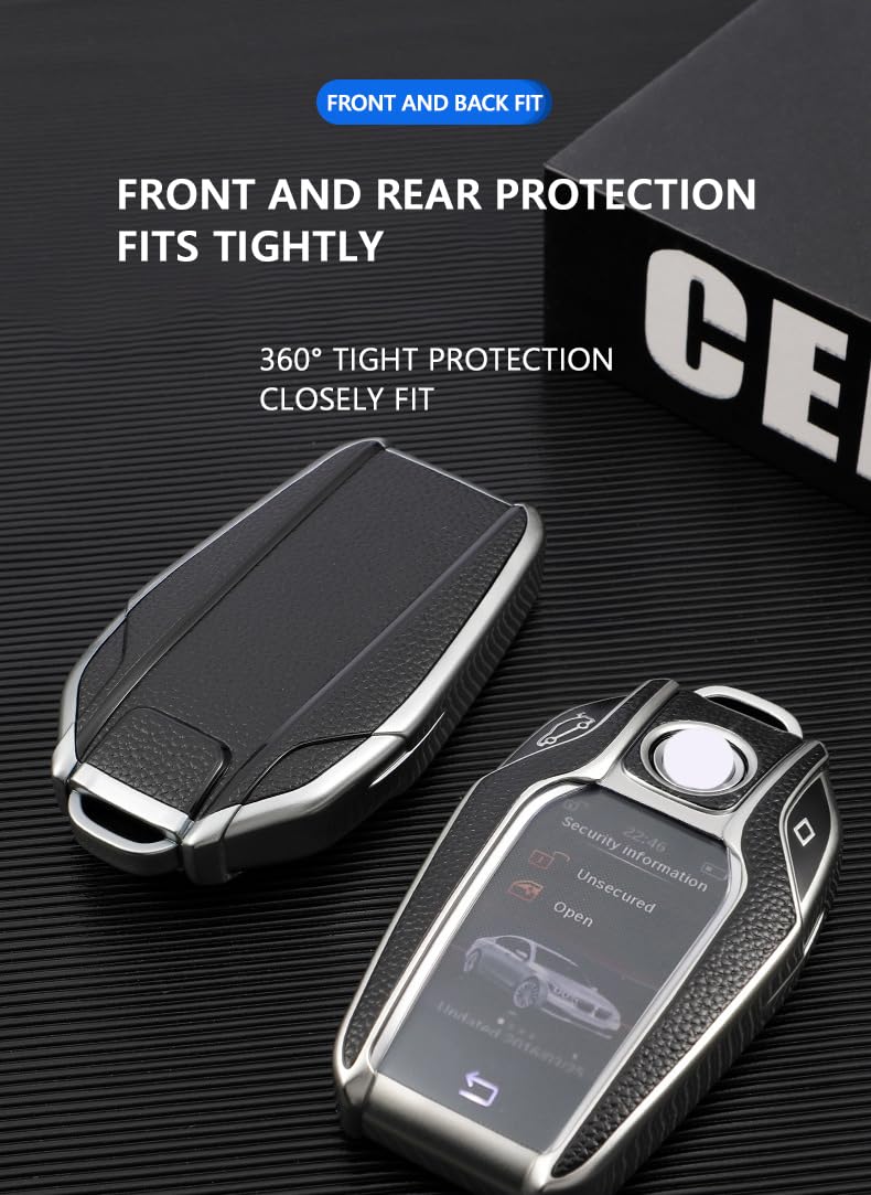HIBEYO Smart Car Key Case Fits BMW Key Case Protective Cover for BMW 5 Series 7 Series i8 730li 740li 750li New X3 X7 Key Box Display Key Remote Key TPU Leather Texture Silver - Image 4