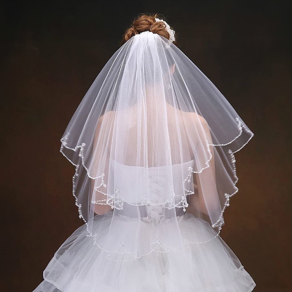 Velo de boda de dos capas con flores cuentas y peine para vestido novia