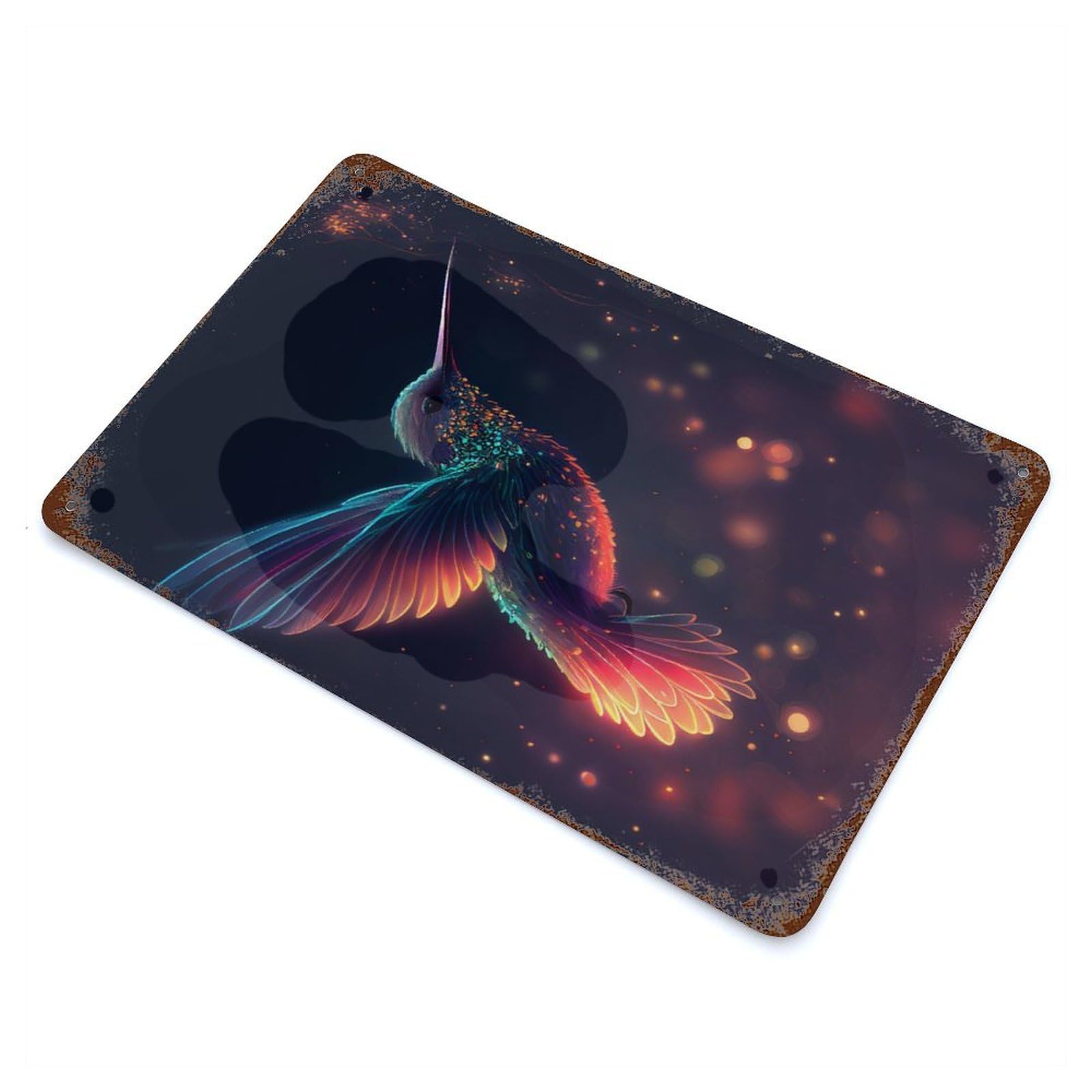 Weathered Tin Sign with Hummingbird Fireflies Design 11.8"x7.9", for Basement, Hobby Room And Garage Decor, Industrial Home Decor