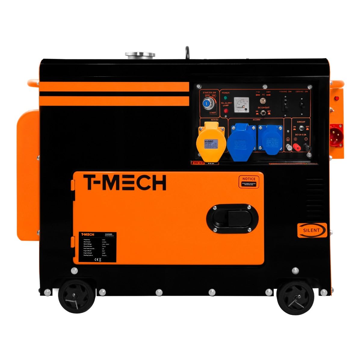 Generador Eléctrico Diésel Monofásico Silencioso Gasolina 230V 6500W 9kW/13HP, Interruptor de Transferencia Automática (ATS) incluido,20L Capacidad de Tanque,Juego Herramientas+Embudo de Combustible