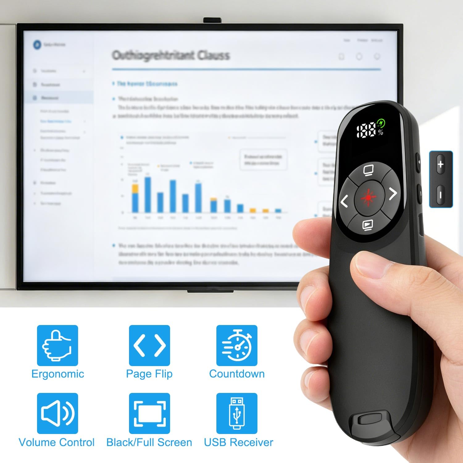VOVIGGOL Ergonomique Télécommande de Présentation Rechargeable Sans Fil avec Écran de Minuteur, Zapette Powerpoint 2.4GHz, Cliqueur 2-en-1 Double Interface USB Adapté Compatible PC Ordinateur Portable