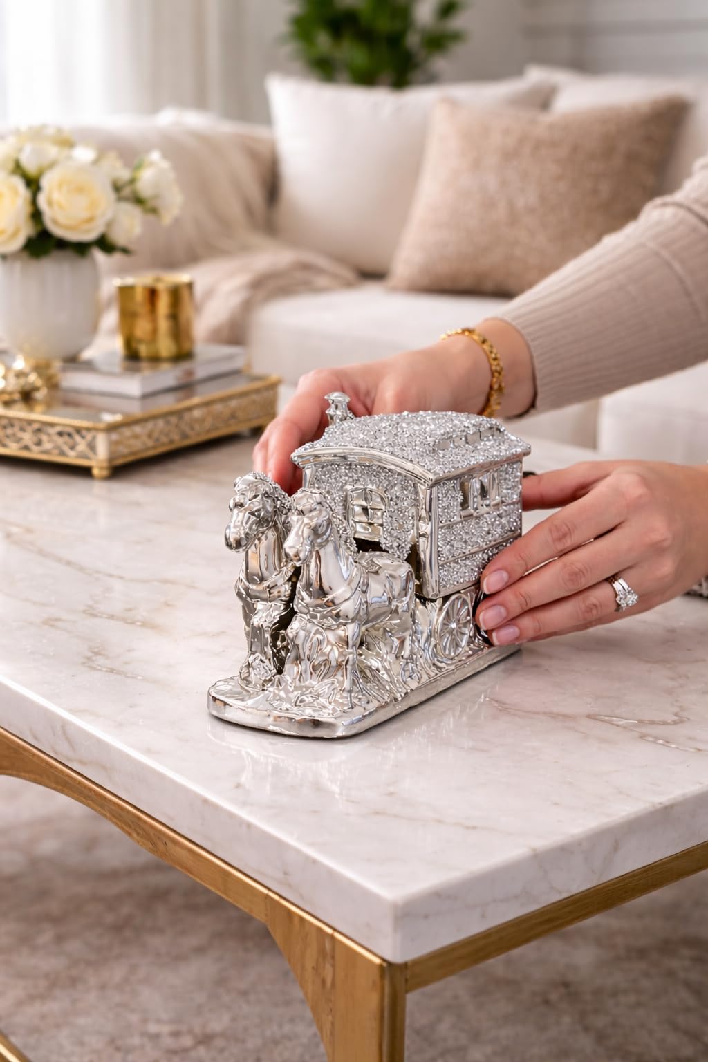 Ornamenti Cavallo Con Carro Gypsy Crushed Diamante Carrozza Ornamento Shelfsitter Bling