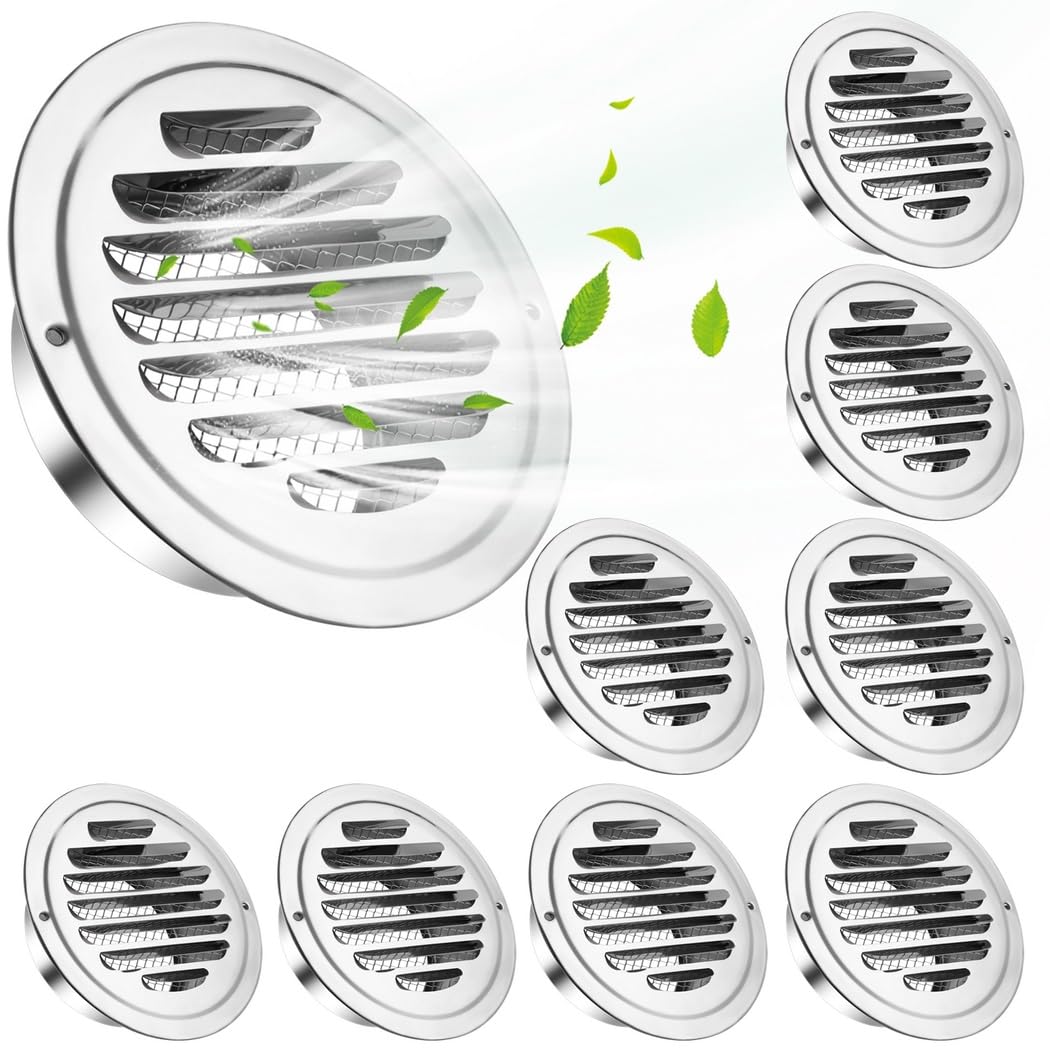 8 prese d'aria in acciaio inox, 10,2 cm, coperture rotonde per griglia con rete schermata, cappe di uscita di ventilazione piatte per casa, ufficio, parete soffitto