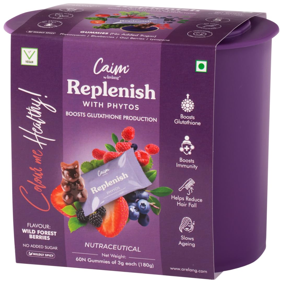 Caim by arelang – Replenish with Phytos | Glutathione Boosting Vegan Gummies for Skin Glow, Hair Growth & Anti-Ageing | Plant-Based, Sugar-Free & Made with 100% Apple Juice Concentrate | 60 Pcs (180g)